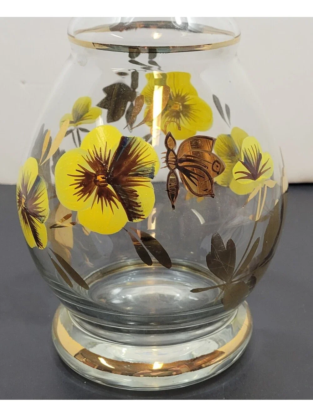 Vintage Romanian Hand Painted Crystal Golden Butterfly Decanter & 2 Stem Glasses